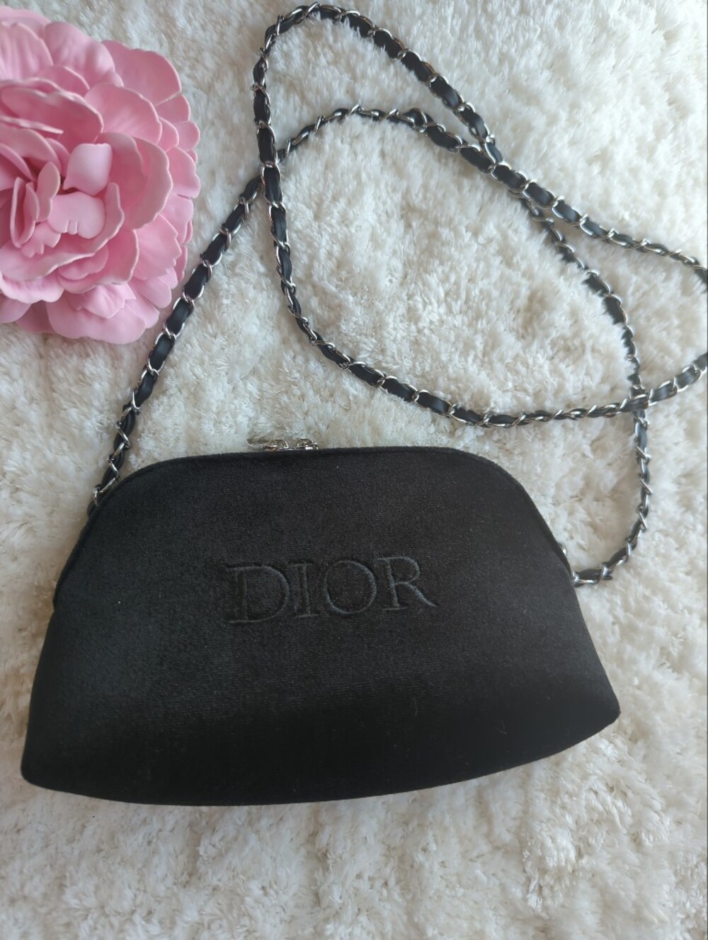 Dior Black Velvet Crossbody Beauty Pouch with Braided Chain Silver Hardware